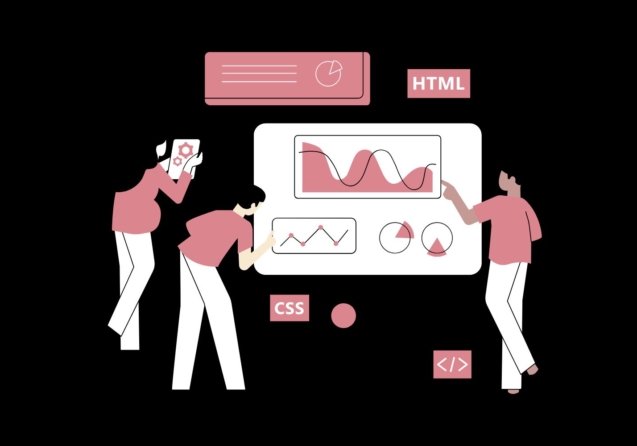 A futuristic website interface displaying the Latest Web Development Trends like AI chat and dark mode.