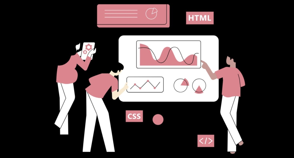 A futuristic website interface displaying the Latest Web Development Trends like AI chat and dark mode.