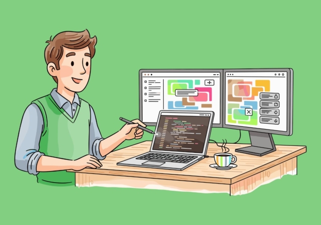 A programmer coding a business application, illustrating the professional Software Development process.