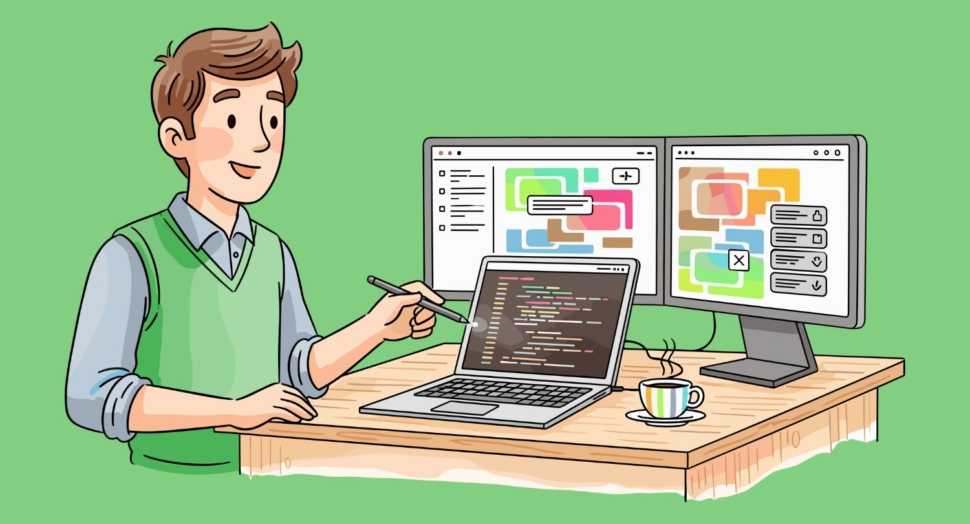 A programmer coding a business application, illustrating the professional Software Development process.